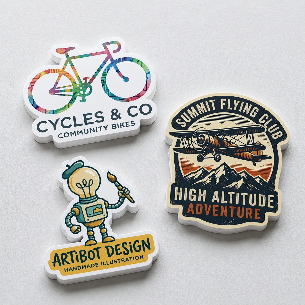 A collection of custom laminated stickers including a colorful bicycle logo, a vintage airplane "Summit Flying Club" badge, and an artistic robot design, demonstrating matte sticker printing quality.