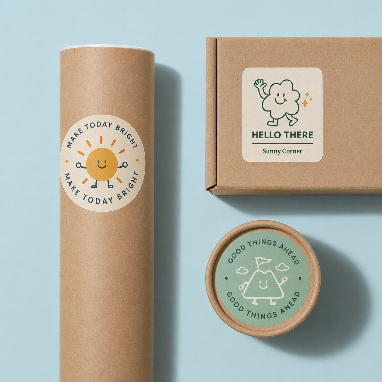 A display of custom matte vinyl stickers applied to eco-friendly packaging, including a round sun design on a mailing tube, a square character label on a cardboard box, and a mountain-themed seal on a container lid.