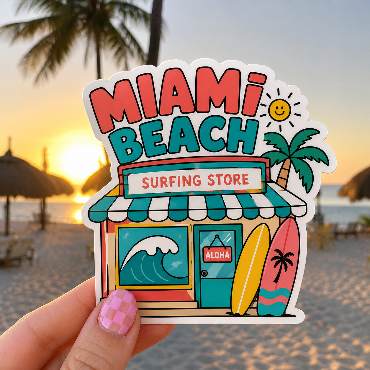 Handheld Miami Beach Surfing Store sticker featuring a colorful cartoon surf shop design with surfboards, palm tree, and wave details against a beach sunset background.