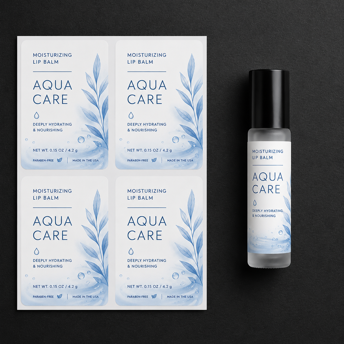 Custom moisturizing lip balm labels in blue and white shown on a label sheet and applied to a lip balm container.