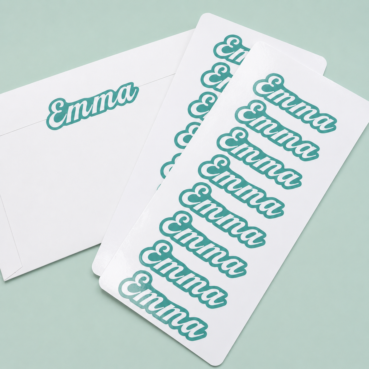 Custom name stickers with Emma design shown on a sticker sheet and envelope for personalized labeling