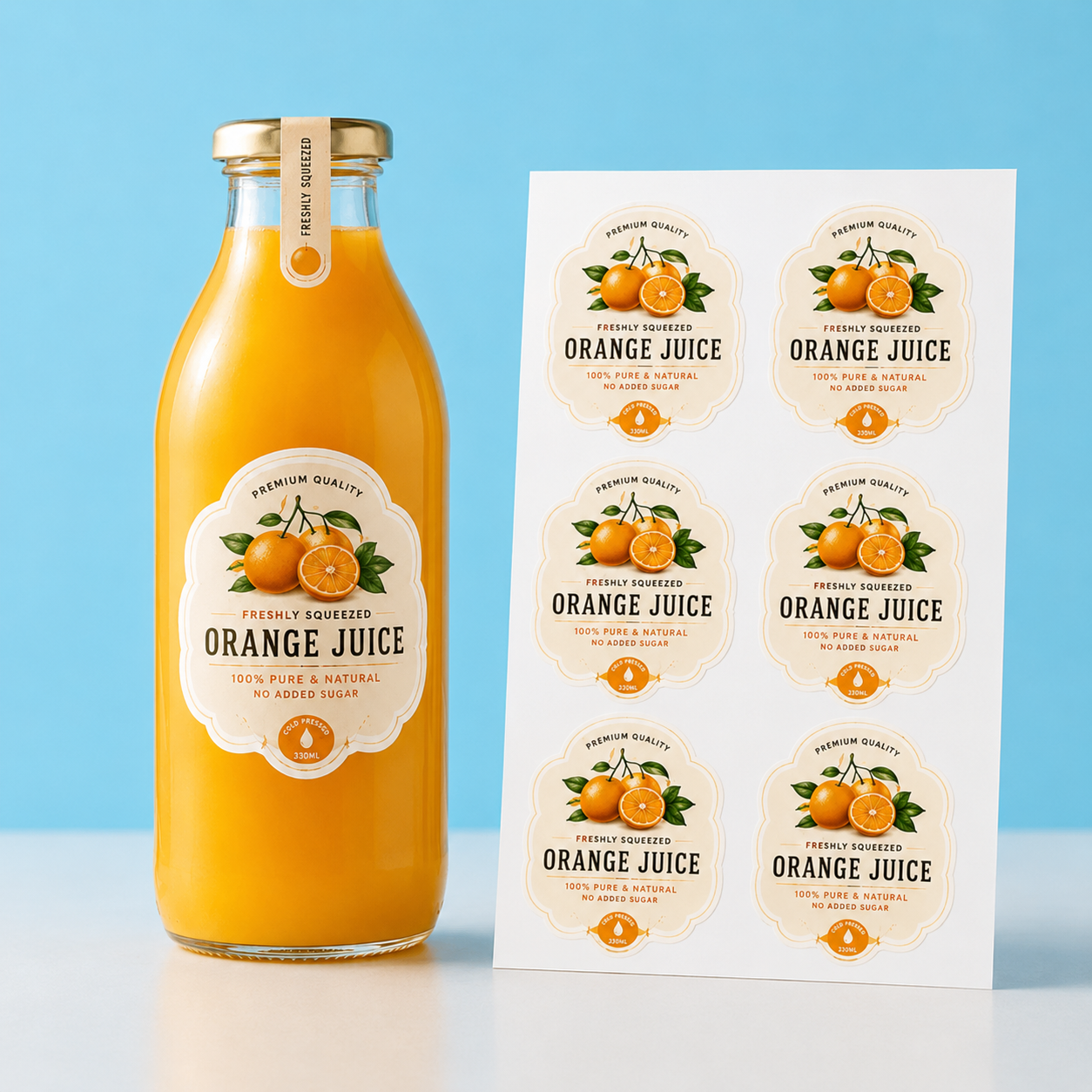 Custom vinyl labels for orange juice bottles featuring fruit illustrations on a sticker sheet.