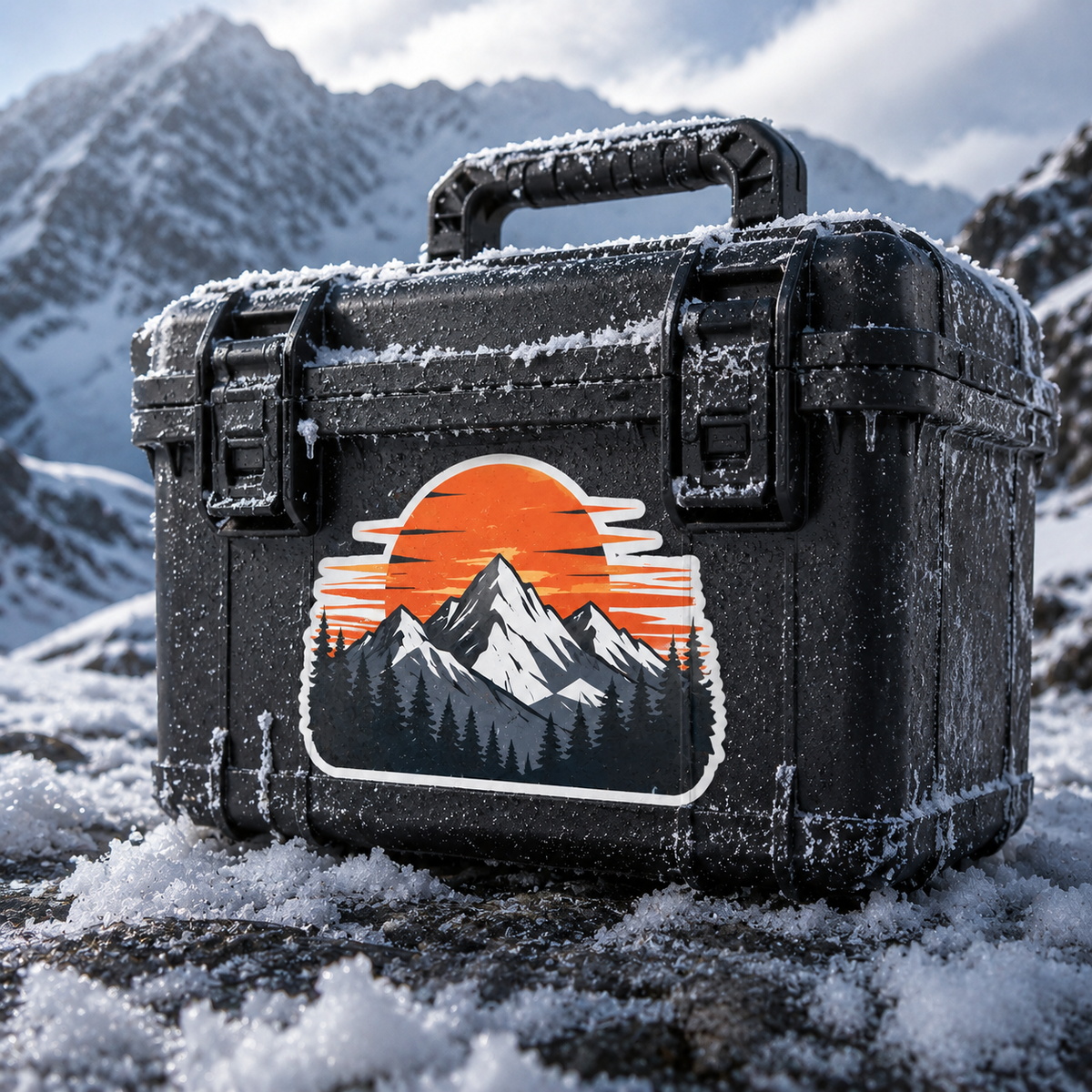 Custom outdoor decals with a mountain sunset design applied to a black rugged gear box in the snow.