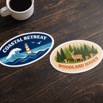 Fully custom oval stickers showcasing high-definition printing for brands like Coastal Retreat and Woodland Haven