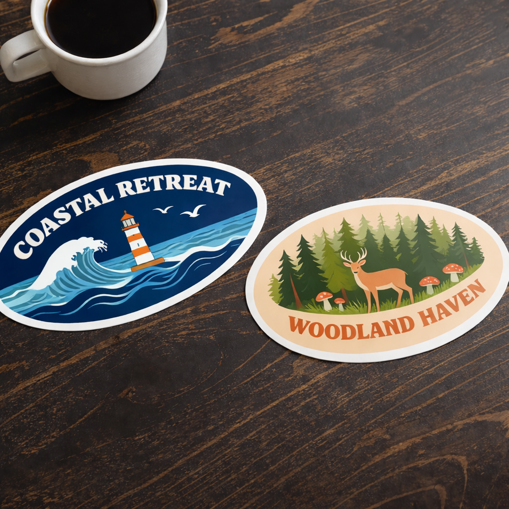Fully custom oval stickers showcasing high-definition printing for brands like Coastal Retreat and Woodland Haven