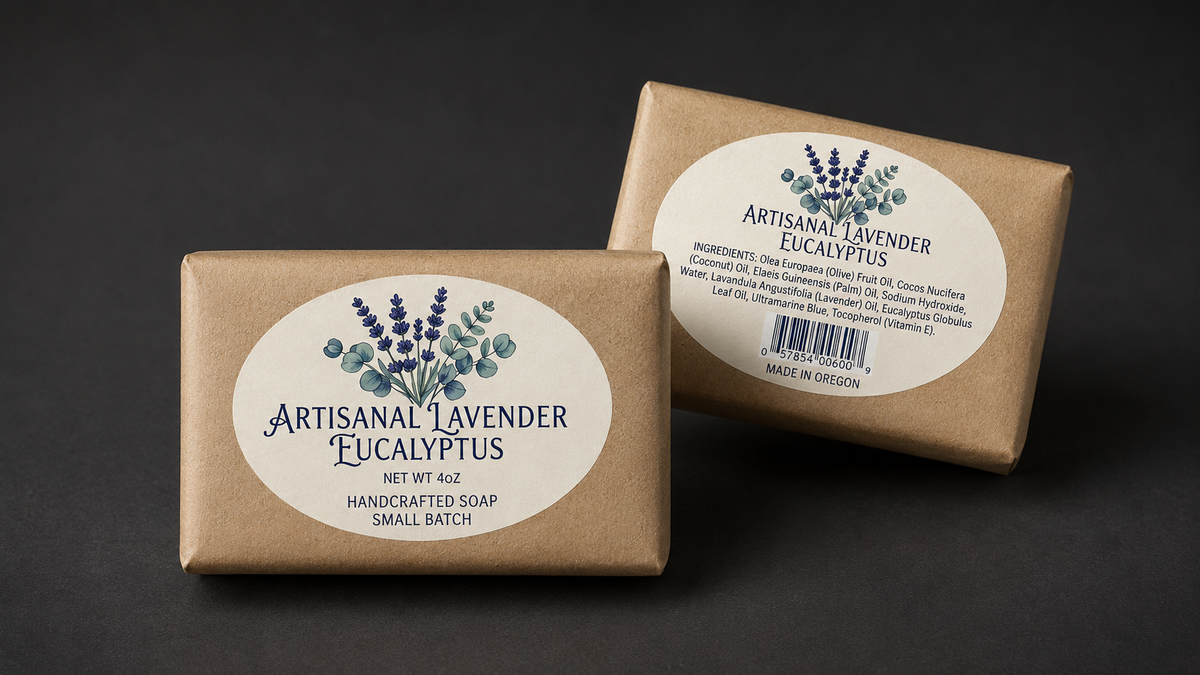 Custom oval product labels on kraft-wrapped lavender eucalyptus soap bars.