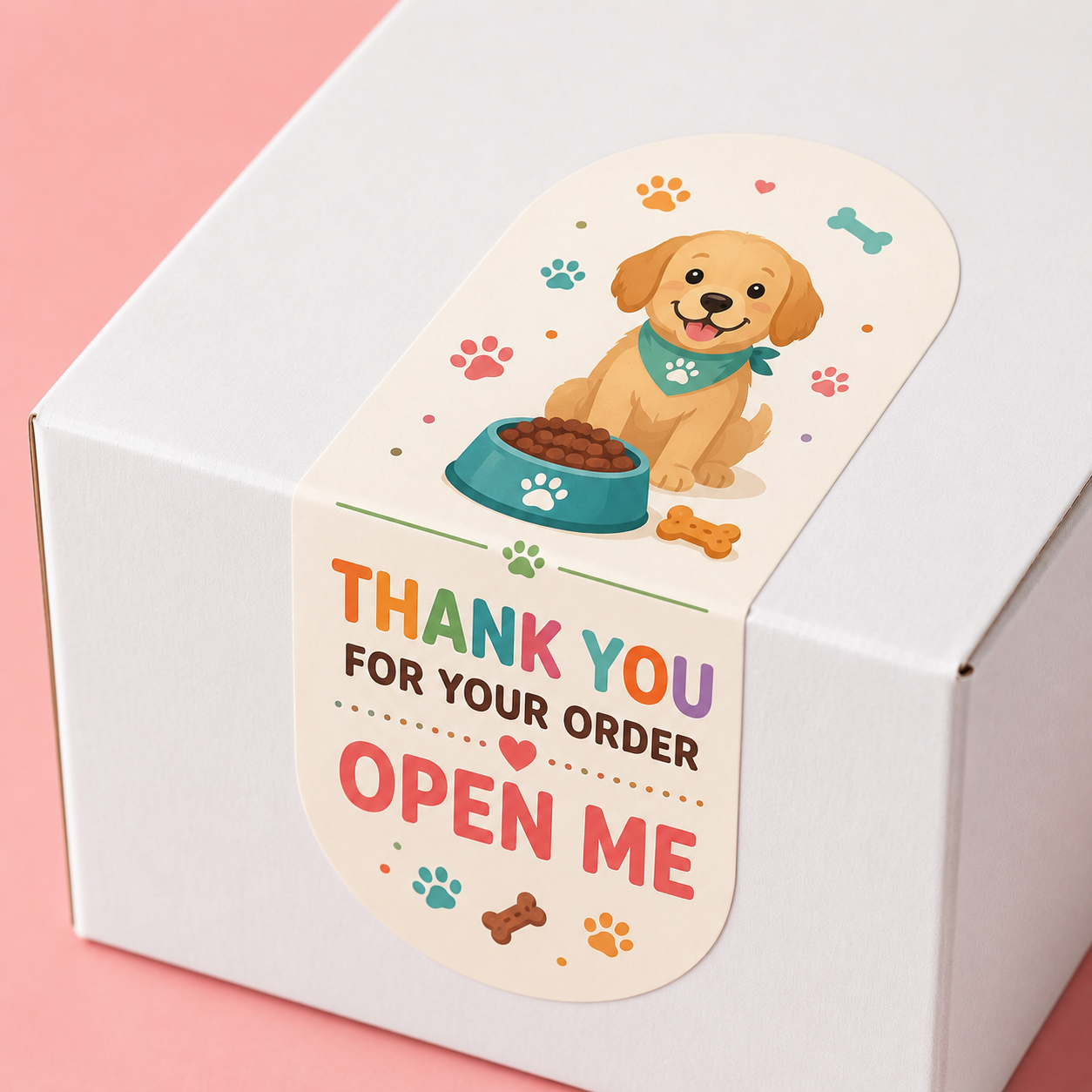 Custom packaging stickers on a pet dog food box with branded toy-style design for unboxing experience