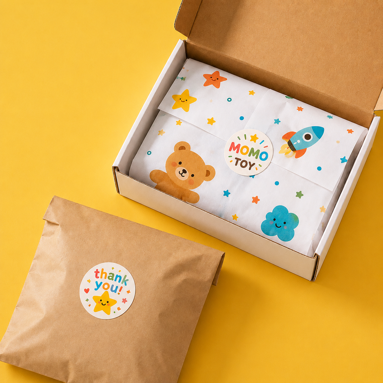 Custom packaging stickers for toy brand packaging applied on box, mailer, and tissue paper for branded unboxing experience