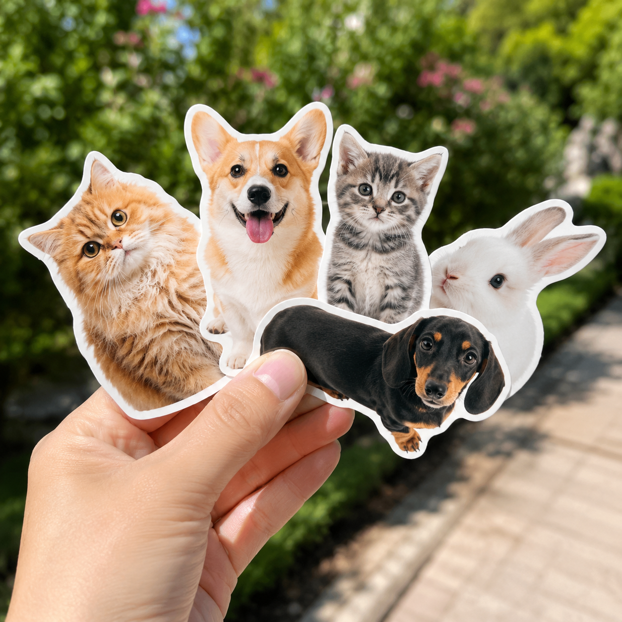 Custom pet stickers held outdoors featuring cats, dogs, and a rabbit