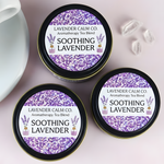 Custom purple glitter labels applied to round lavender tea tins with clear product text and botanical illustrations.