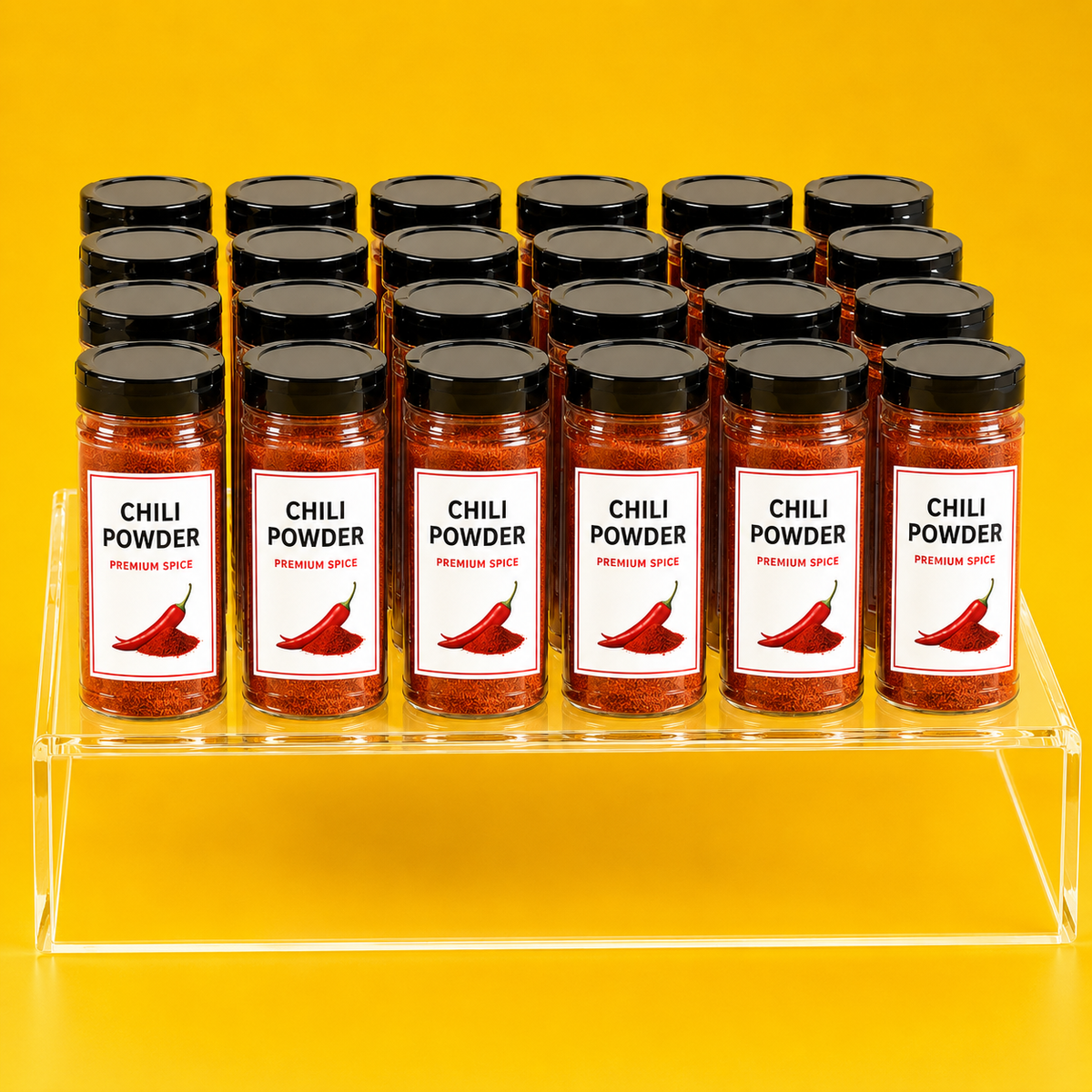 Custom rectangle label for branding applied on chili powder spice jars to create a polished, consistent look.