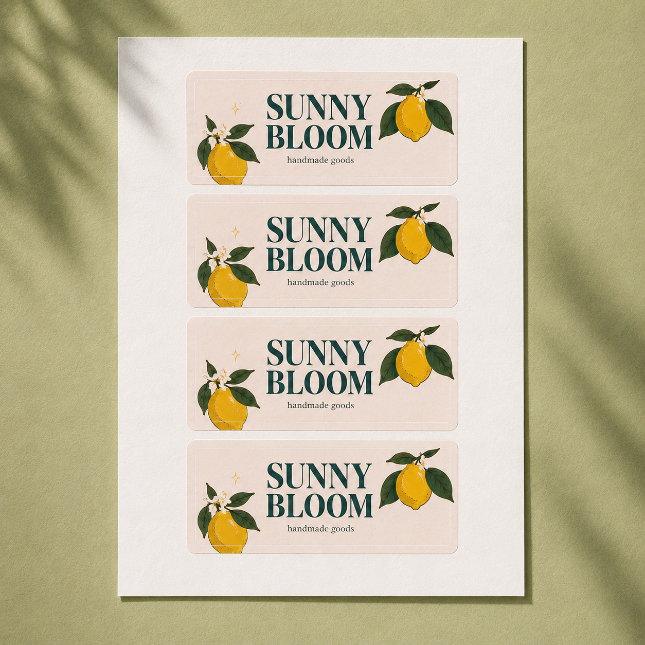 Custom rectangle label sheet with Sunny Bloom lemon design for handmade goods packaging