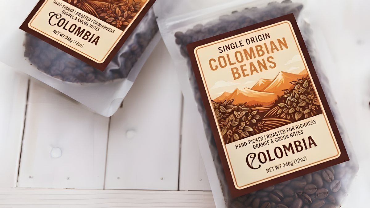 Custom rectangle product labels on coffee bean bags with vintage Colombian coffee artwork.