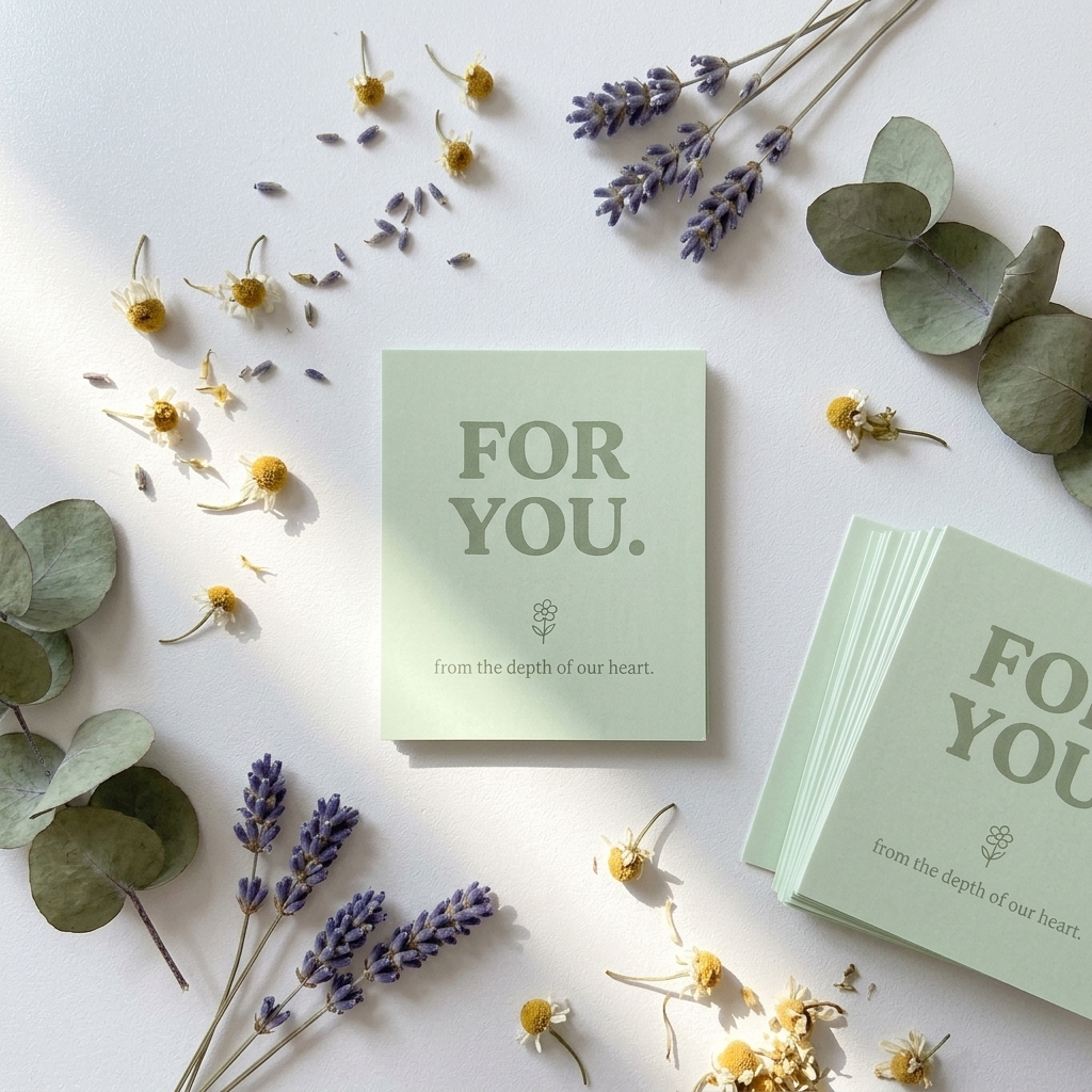 Green thank-you stickers in rectangular shape with 'FOR YOU' text surrounded by flowers on a light background