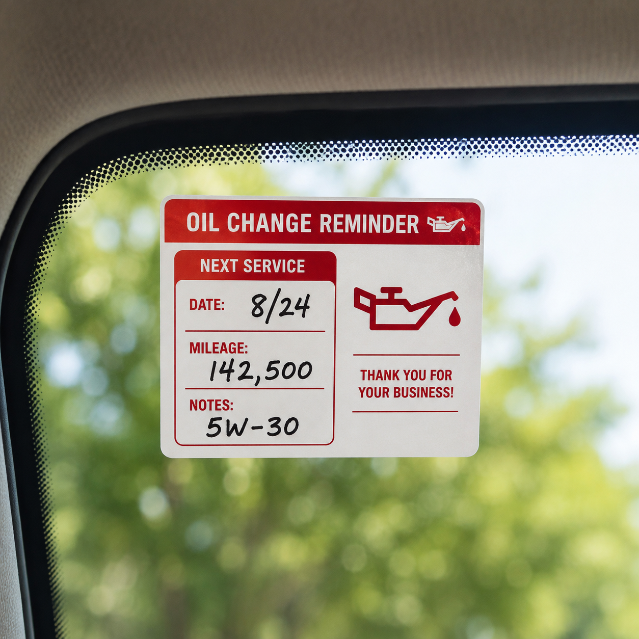 Custom red rectangular oil change reminder sticker placed on a car windshield showing date and mileage.
