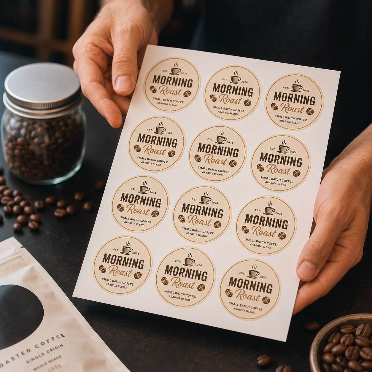 A person holding a sheet of round 'Morning Roast' coffee stickers next to a jar of coffee beans, showcasing custom brand packaging labels.