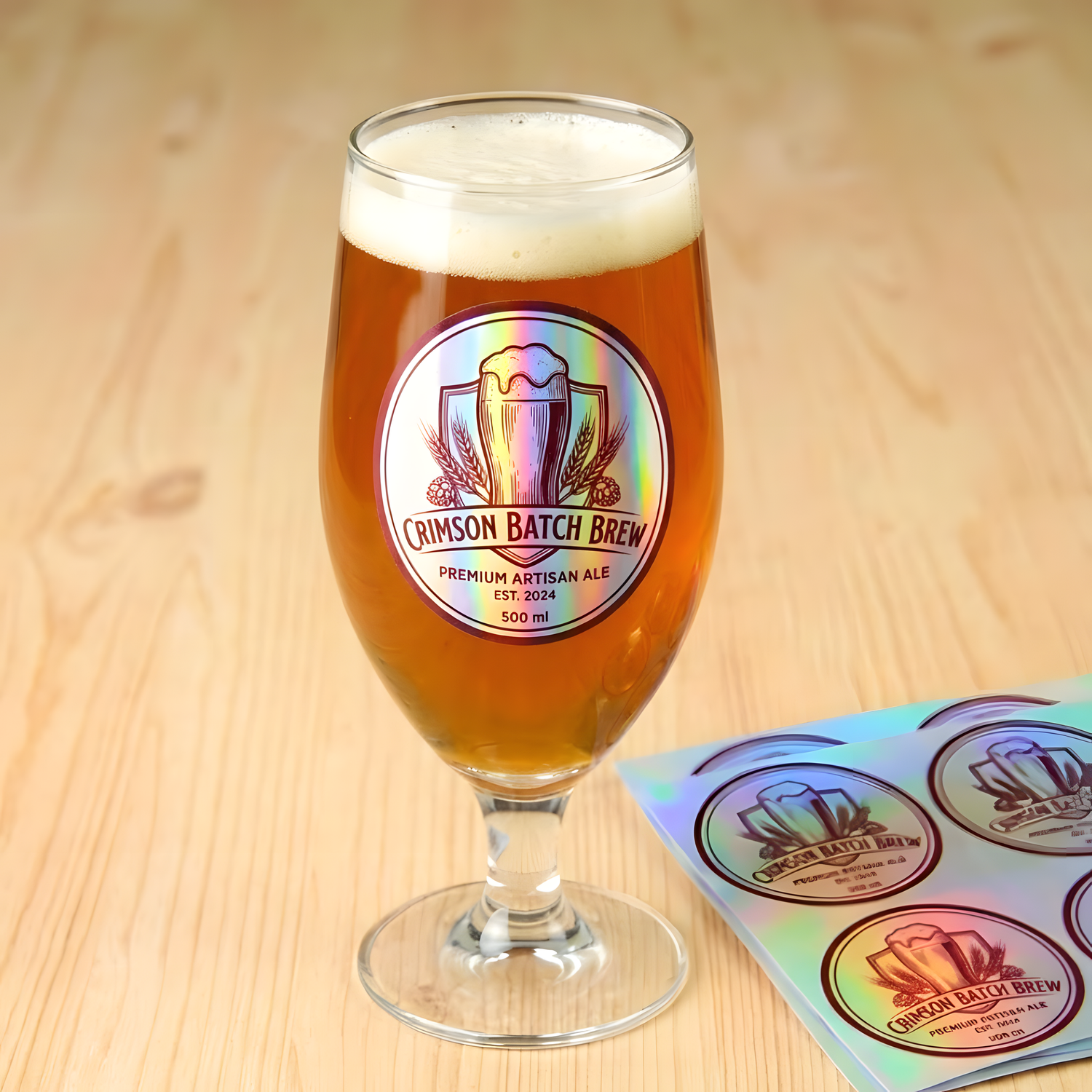 Custom round holographic labels applied to a beer glass with additional label sheets on a wooden table.