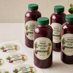 Custom printed round sheet labels featuring a vegetable juice design applied to glass bottles and shown on a label sheet.