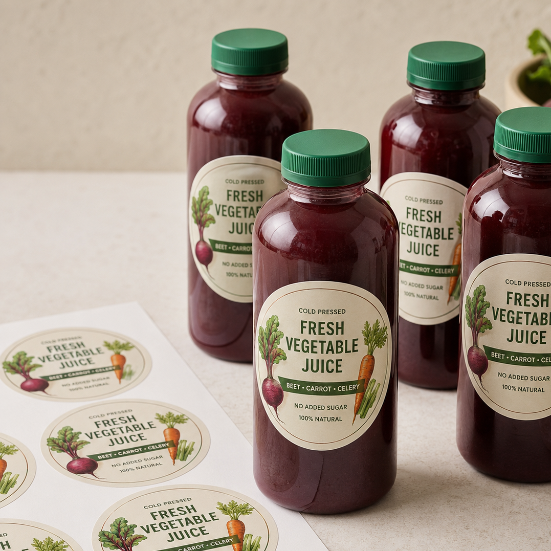 Custom printed round sheet labels featuring a vegetable juice design applied to glass bottles and shown on a label sheet.