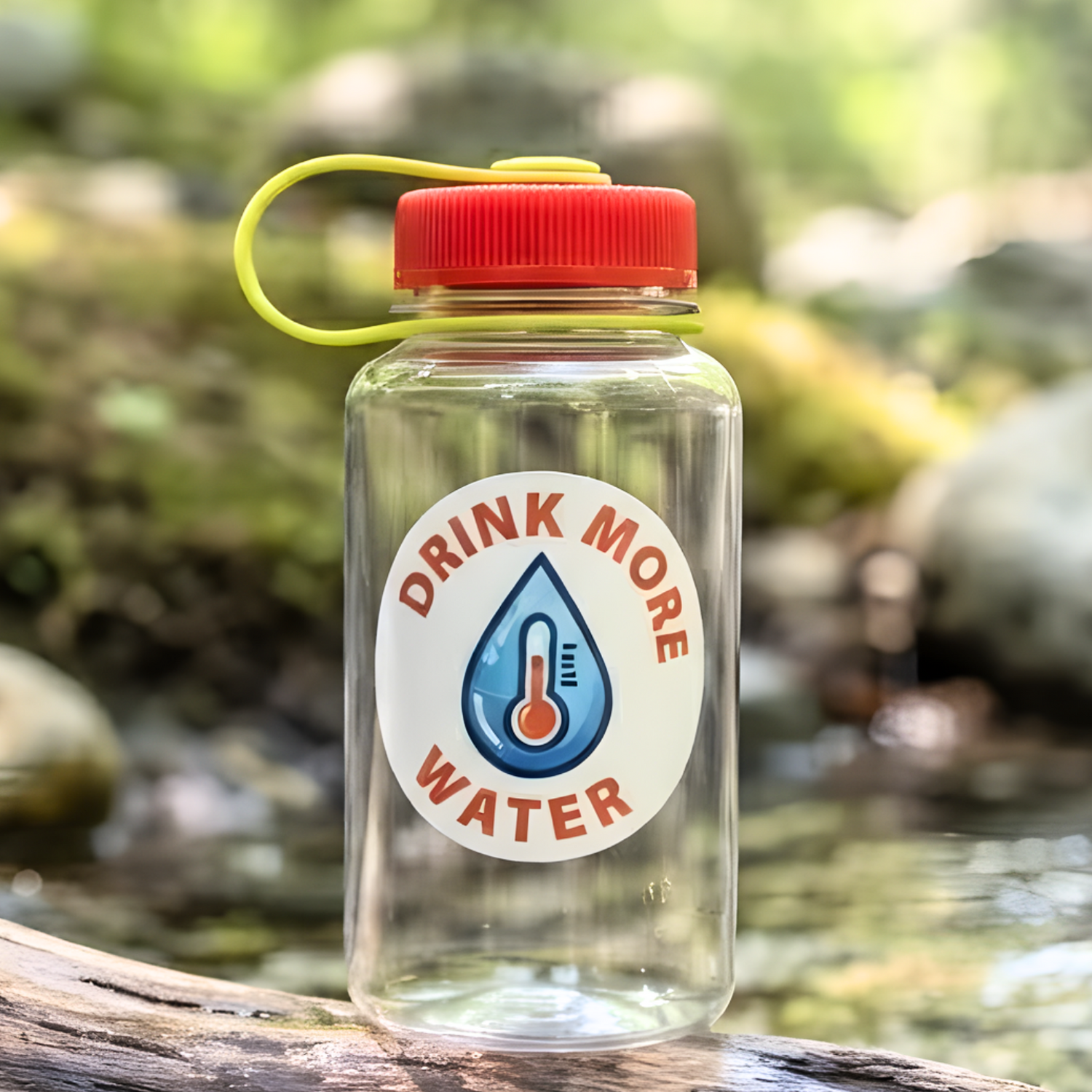 Custom round vinyl sticker with a 'Drink More Water' design applied to a clear water bottle outdoors.
