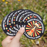 Hand holding custom round vinyl stickers with a retro soda bottle design for beverage branding.