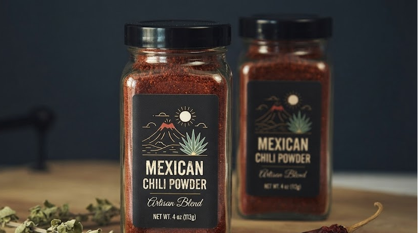 Custom rounded corner product labels on glass spice jars featuring Mexican chili powder packaging.