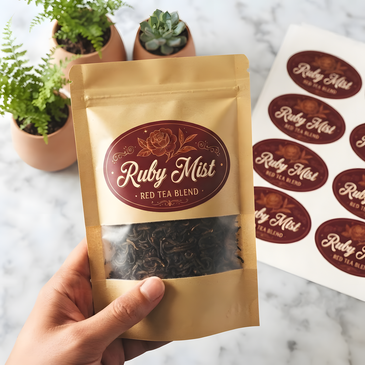 A hand holds a gold stand-up pouch of Ruby Mist Red Tea Blend, with a sheet of matching oval labels on a white marble surface and potted plants in the background.