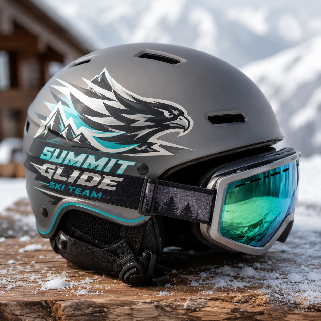 Matte grey snowboard and ski helmet with a teal and white Summit Glide Ski Team wrap decal, sitting on a snow-covered wooden table with ski goggles attached.