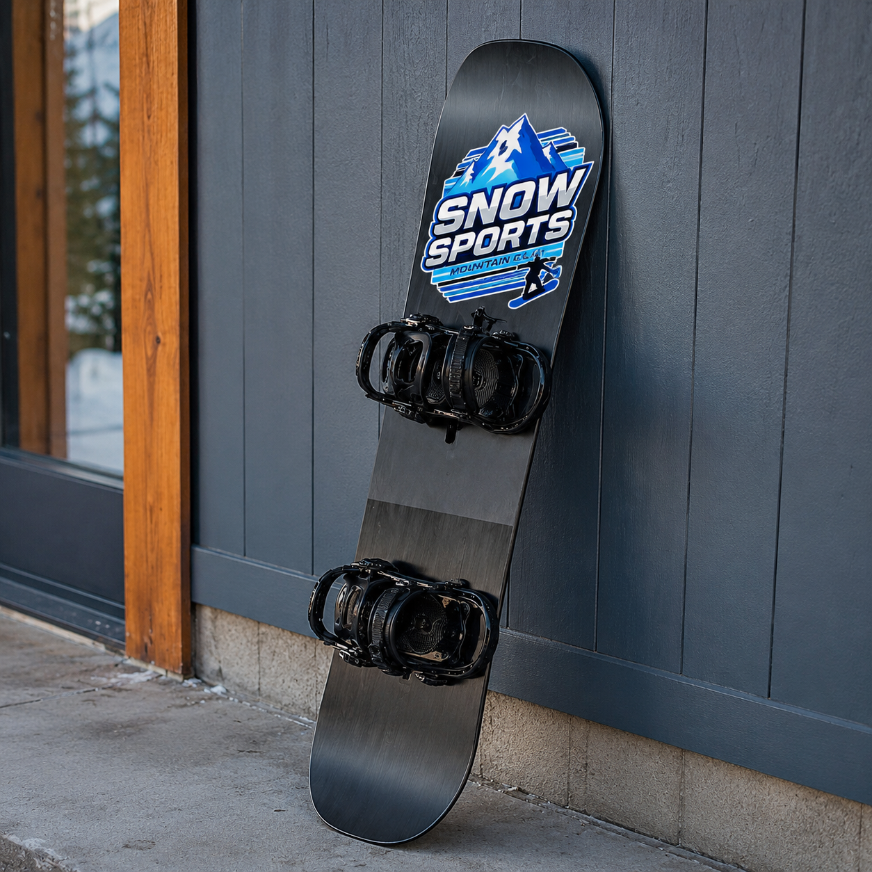 Minimal snowboard with bold typography snow sports stickers held upright against clean studio wall background
