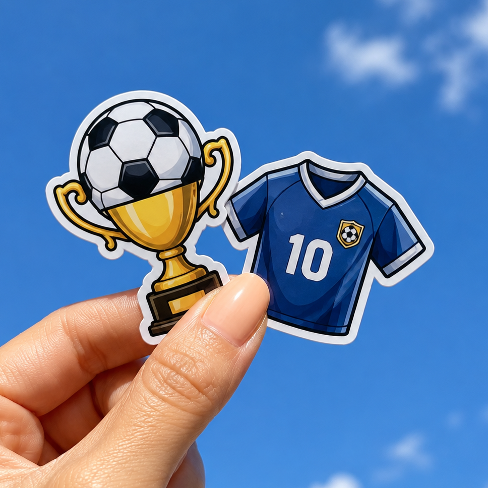 Custom sports stickers featuring a soccer jersey number and game-day trophy design