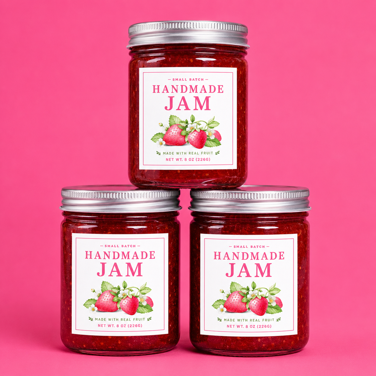 Three jam jars with custom square labels, showing a clean food packaging application.