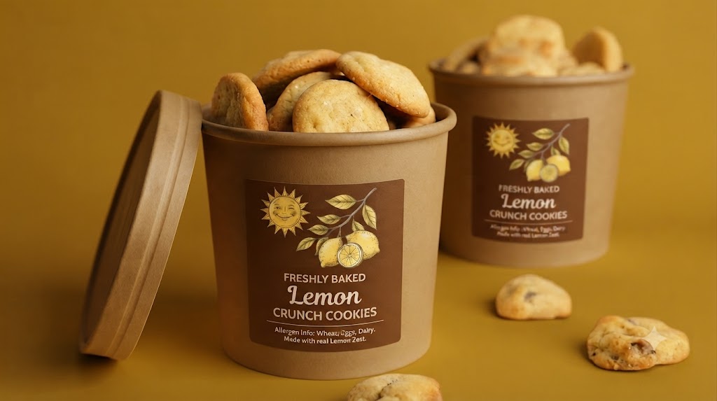 Custom square product labels on kraft cookie cups featuring a lemon crunch design.