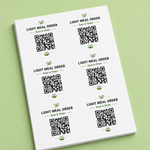 Sheet of custom square QR code labels designed for light meal ordering and food packaging.