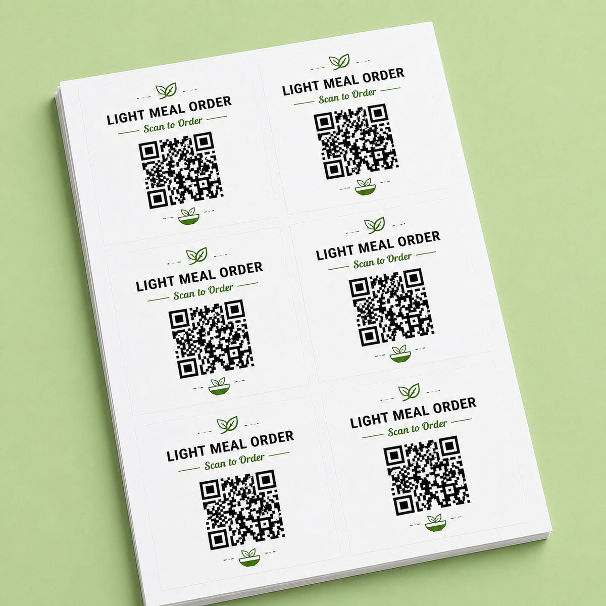 Sheet of custom square QR code labels designed for light meal ordering and food packaging.
