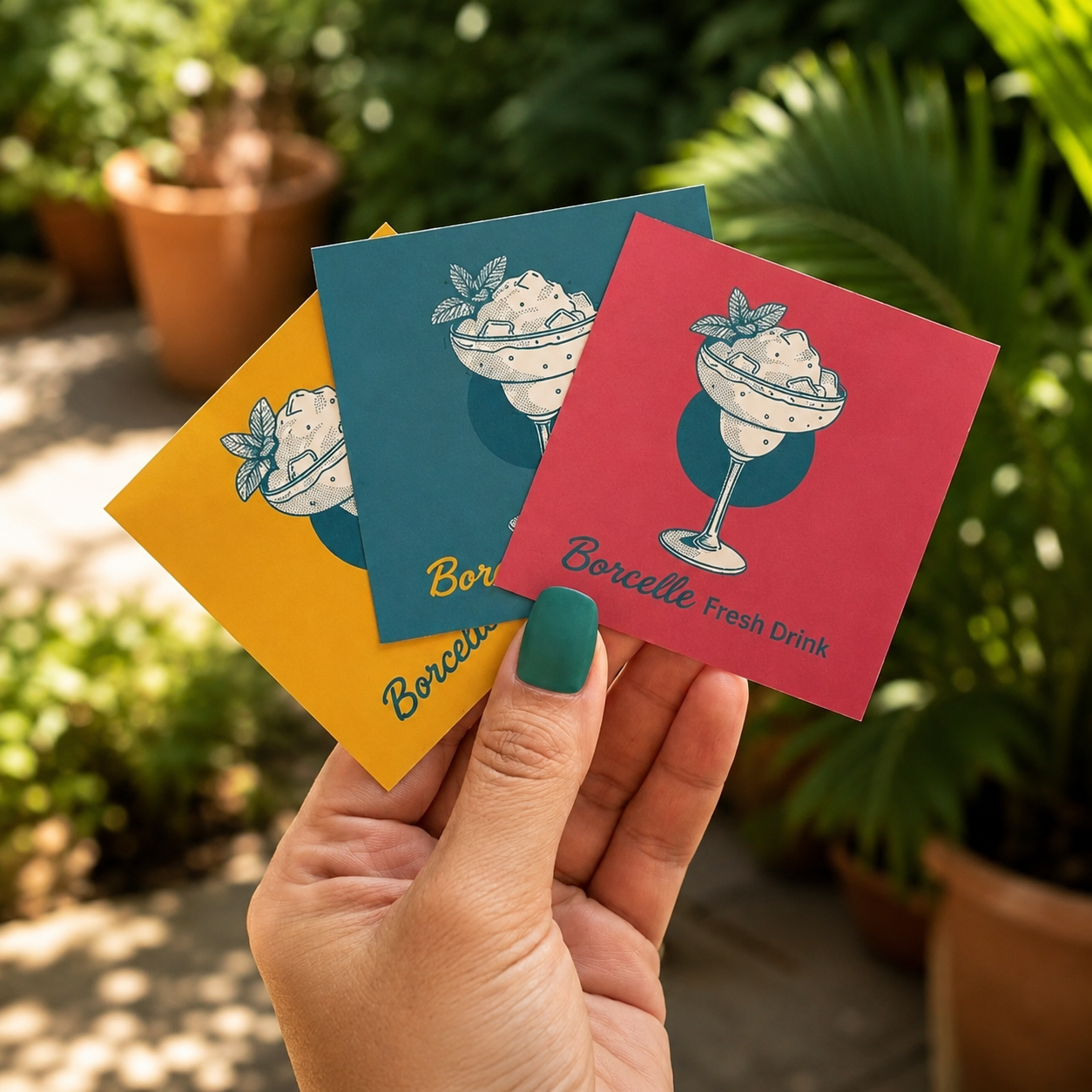 Hand holding colorful custom square stickers with fresh drink artwork in an outdoor setting