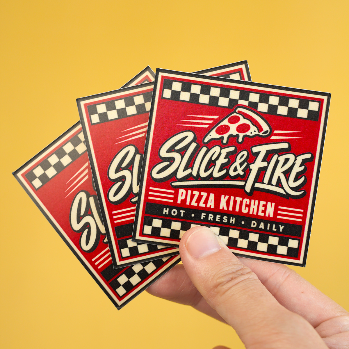 Custom square stickers for small business with red pizza restaurant design 