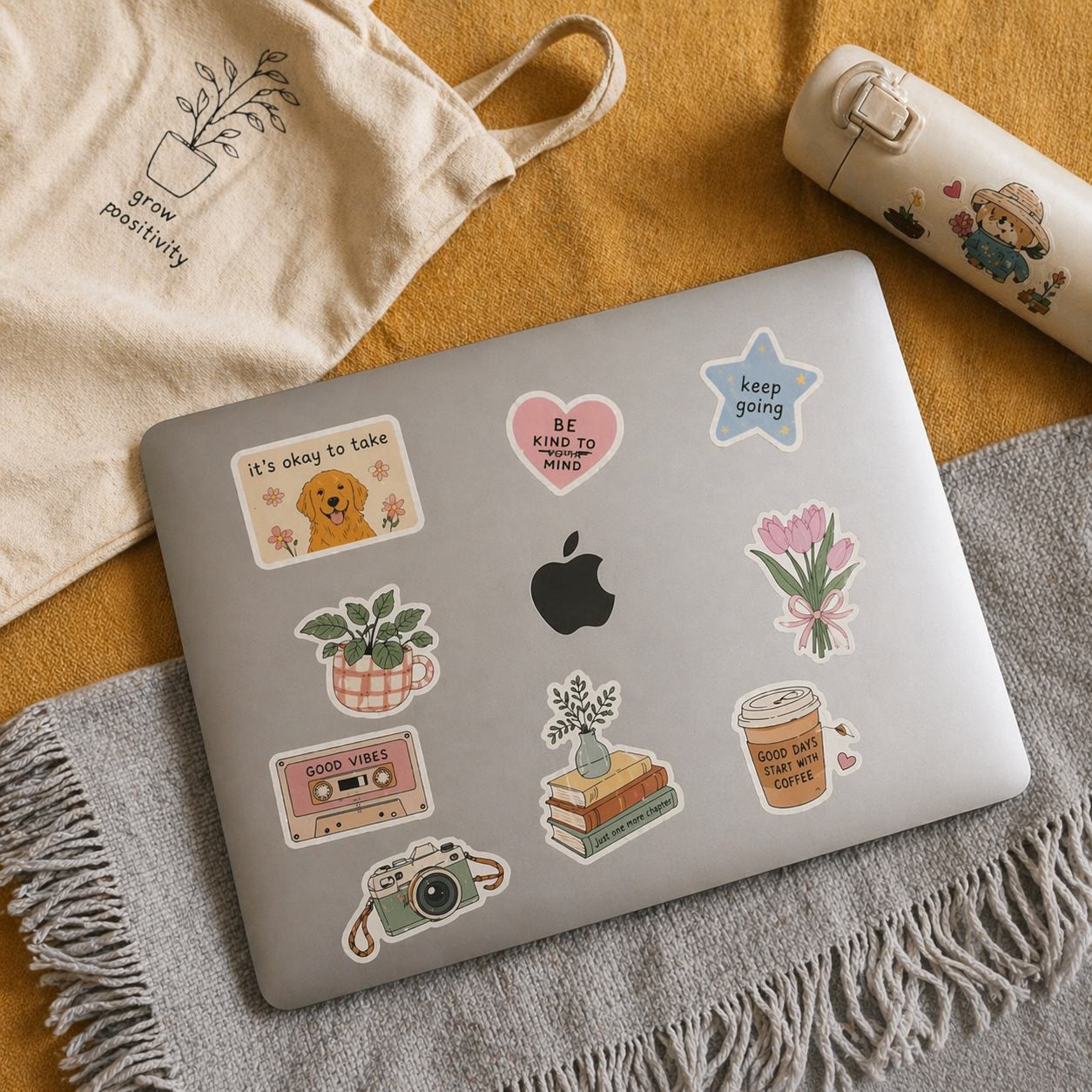 Macbook with various custom stickers on a textured surface, full color printing