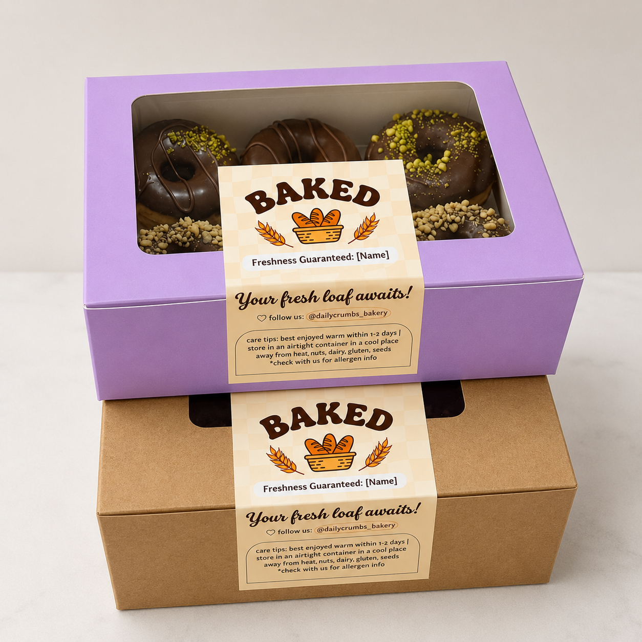 Custom vinyl stickers used on bakery packaging boxes, showing branded product labels for small businesses and food packaging.