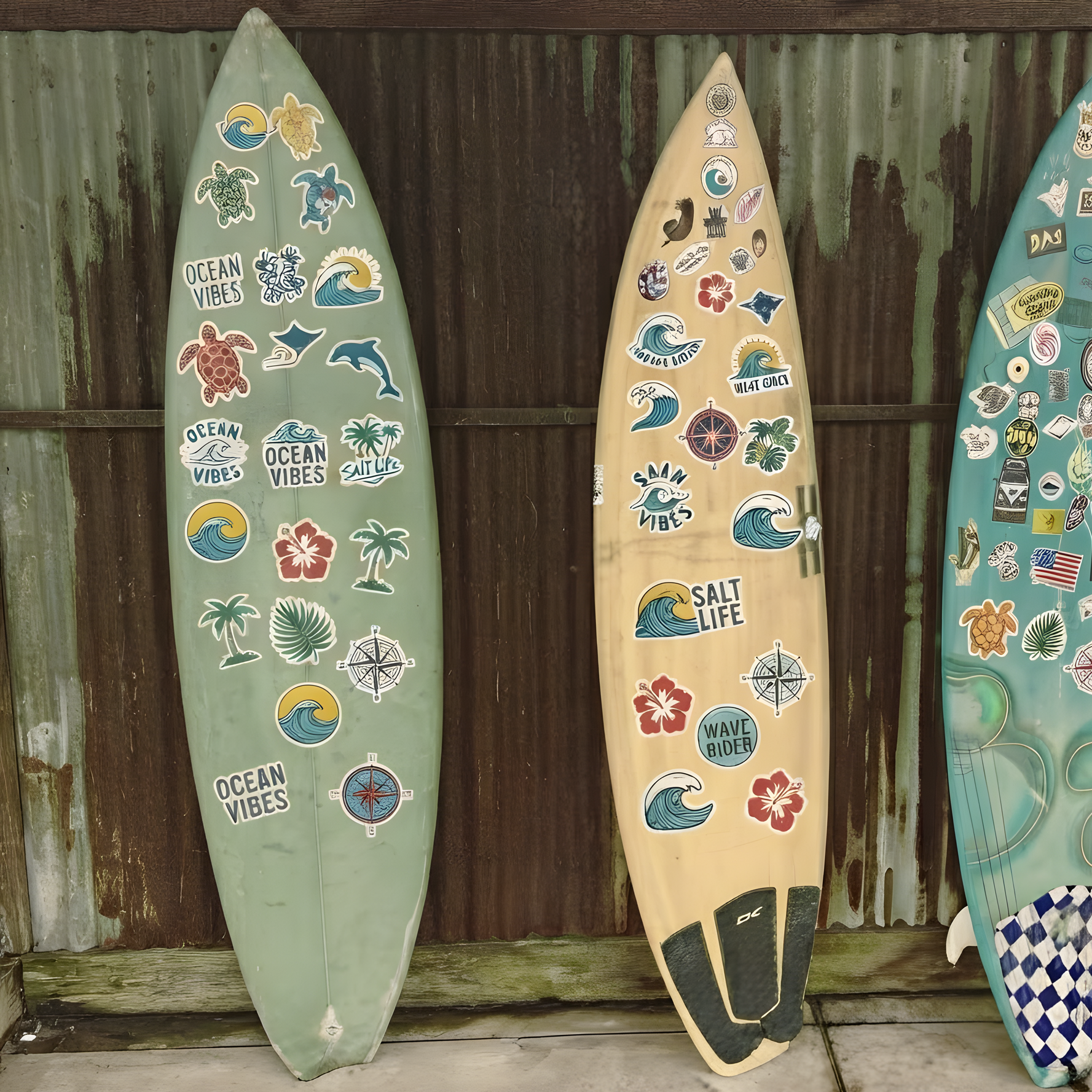 Three surfboards covered with various ocean-themed custom decals