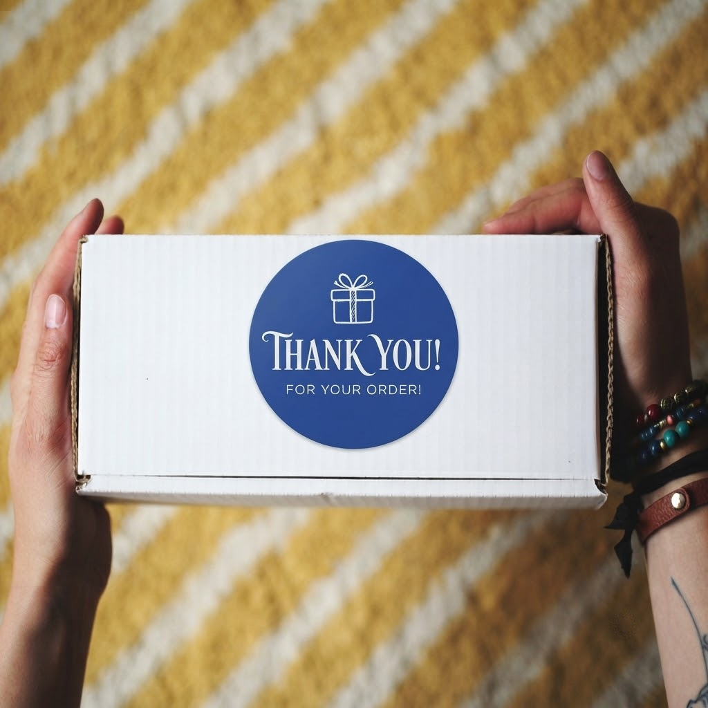 Blue round thank you sticker on a white shipping box held by two hands.