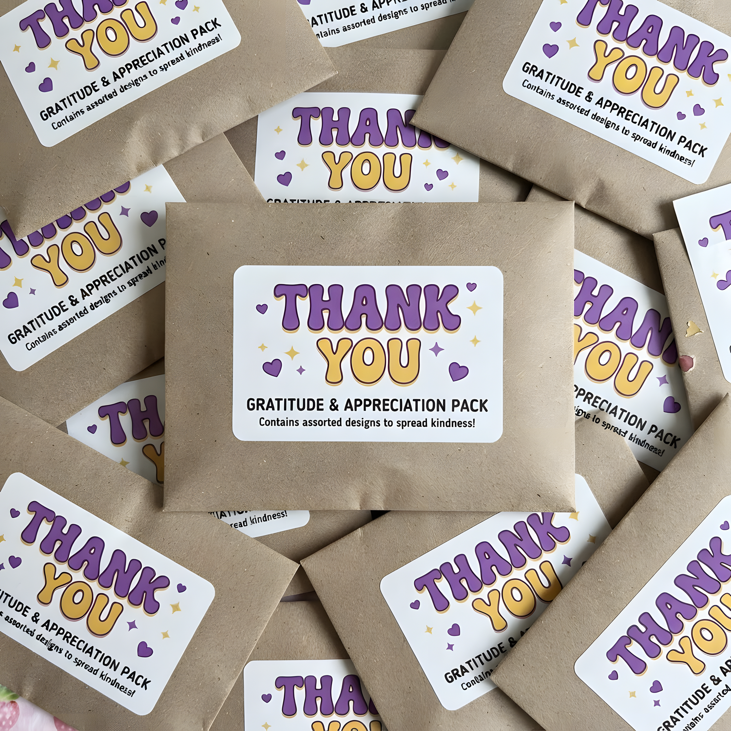 Round and square custom thank you stickers displayed on kraft packaging cards.
