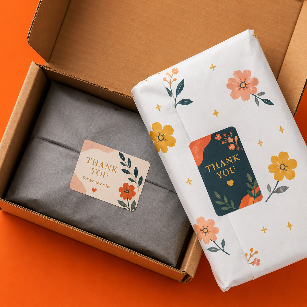 Two custom rectangular business packaging stickers with 'Thank You' text sealing grey and floral tissue paper inside a brown mailer box.