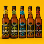 A lineup of five brown craft beer bottles with colorful custom brewery labels against a solid yellow background, showcasing vibrant vinyl label designs for Sunlit Pale Ale, Horizon IPA, Coastline Lager, Daybreak Pilsner, and Upland Red Ale.