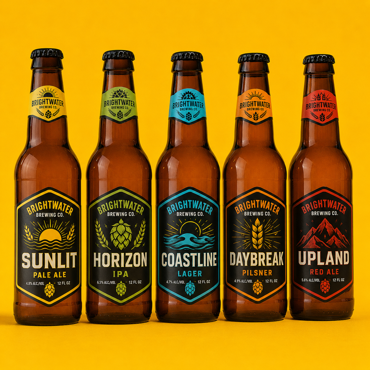 A lineup of five brown craft beer bottles with colorful custom brewery labels against a solid yellow background, showcasing vibrant vinyl label designs for Sunlit Pale Ale, Horizon IPA, Coastline Lager, Daybreak Pilsner, and Upland Red Ale.