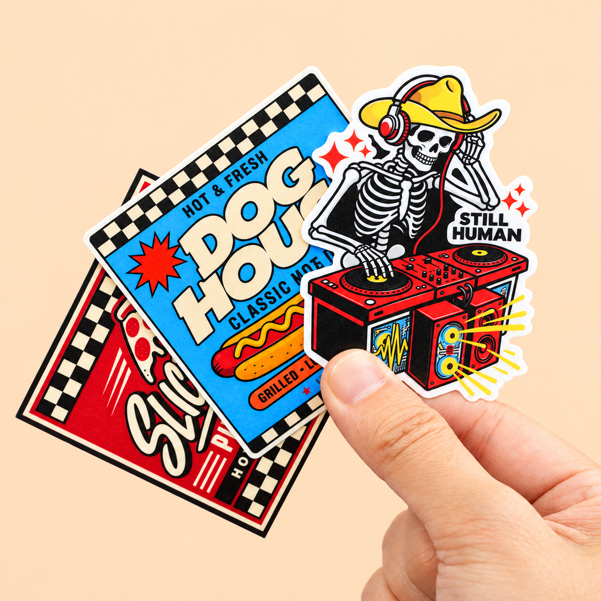 Custom die cut stickers in any shape, featuring colorful custom vinyl sticker designs with a white border and premium printed finish.