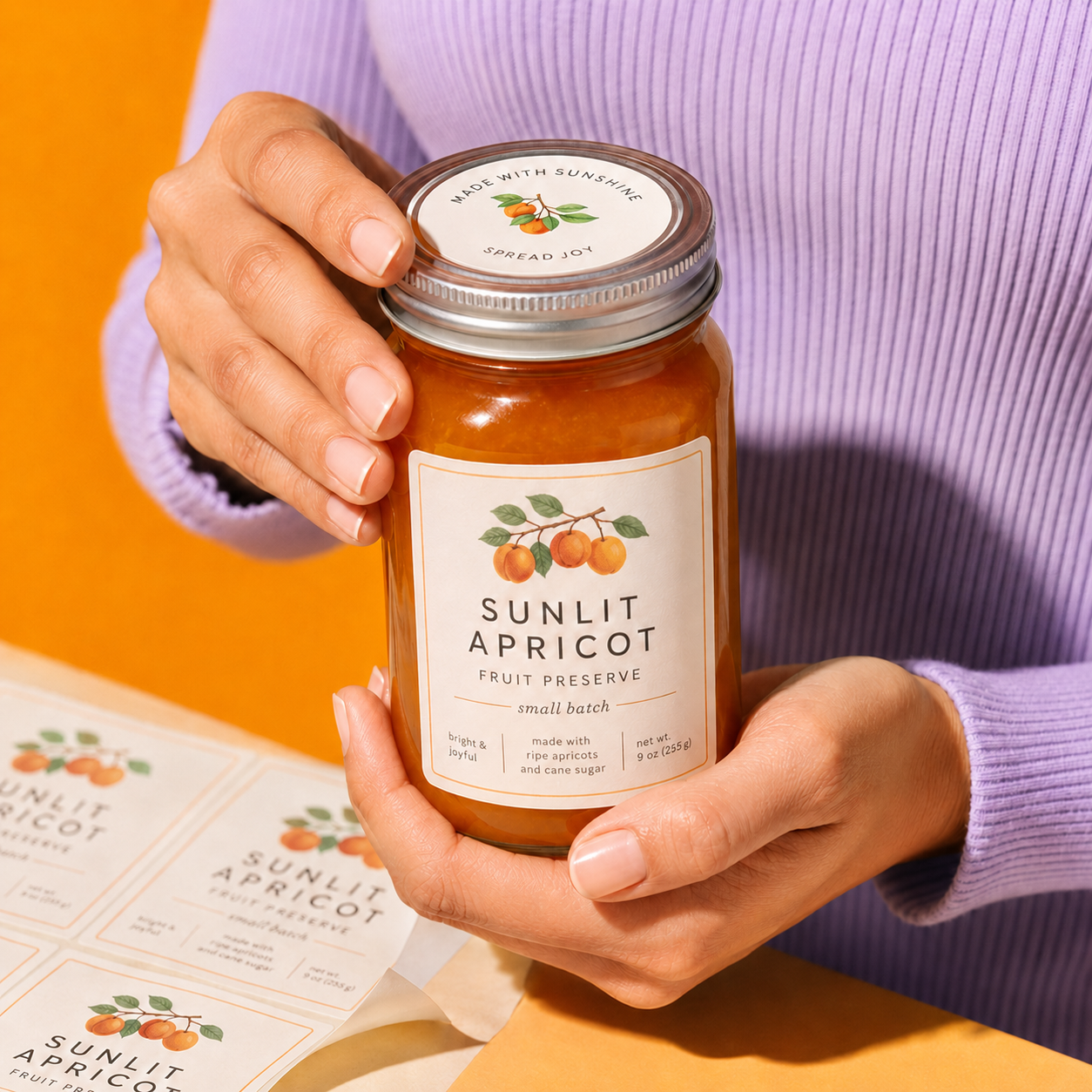 Custom printed vinyl labels for apricot preserve jars including a rectangular bottle label and a circular lid sticker.
