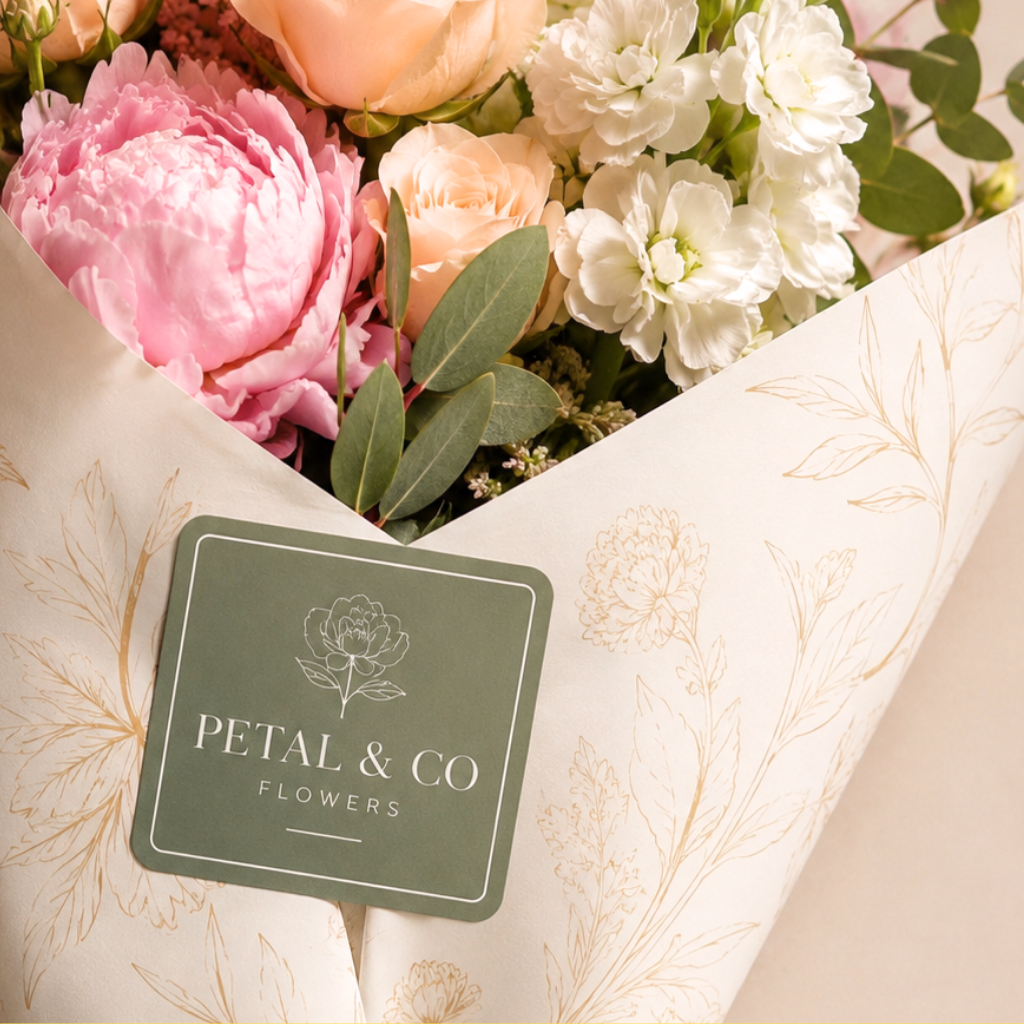 Custom vinyl logo sticker applied to flower bouquet packaging, ideal for small business branding