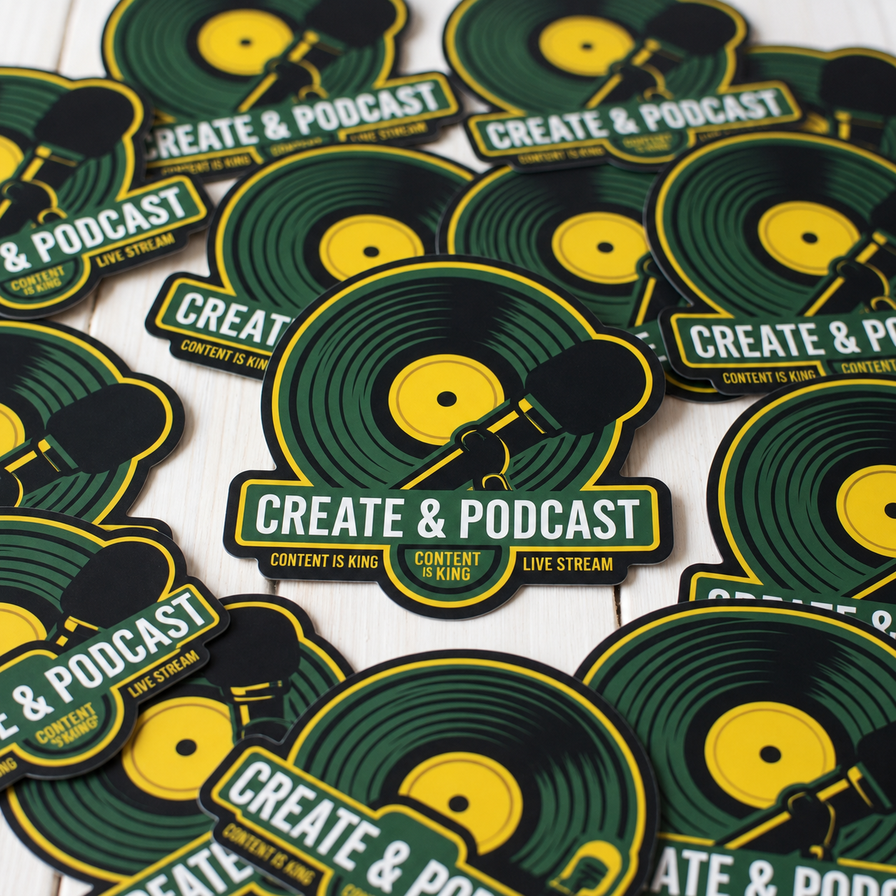 A collection of custom round Create & Podcast vinyl stickers with microphone and record design.