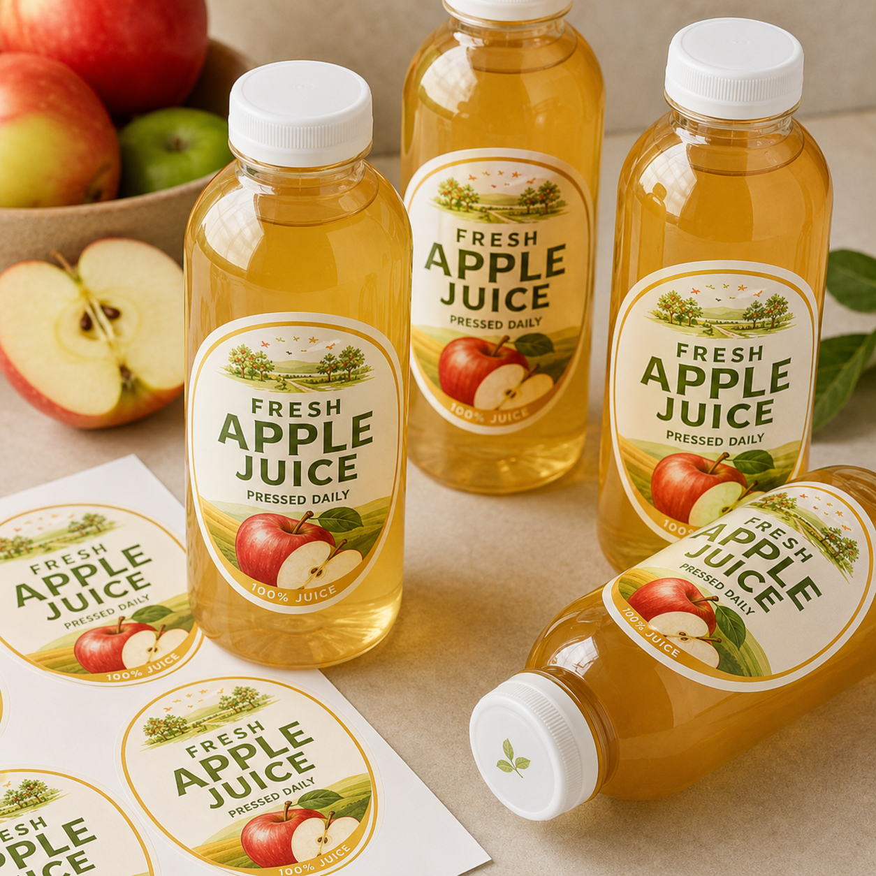 A sheet of oval vinyl stickers featuring "Fresh Apple Juice" labels next to glass bottles, demonstrating custom product packaging with a matte finish.