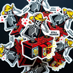 Custom die-cut stickers featuring a skeleton DJ in a yellow cowboy hat and headphones mixing on a red turntable.